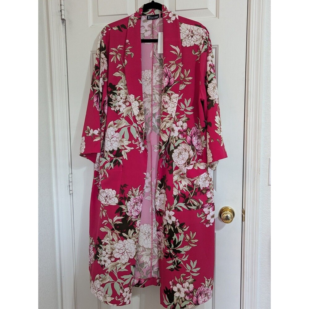 NWT 7th Avenue Longline Duster Kimono Womens XL Hot Pink Floral Pockets Blazer